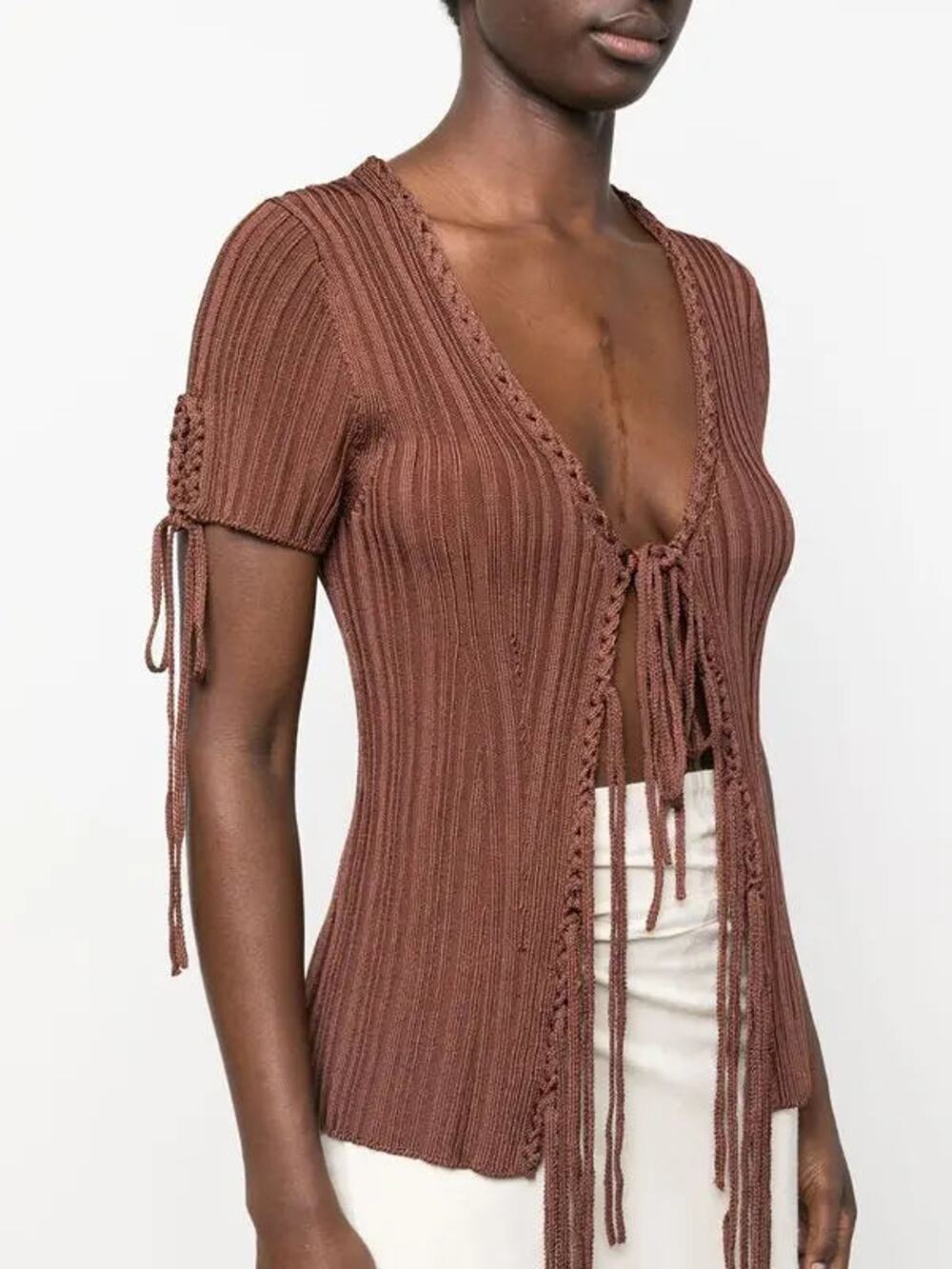 Cult Gaia Daisy Short Sleeve V-Neck Knit Tie Front Blouse Top Brown Women's XS